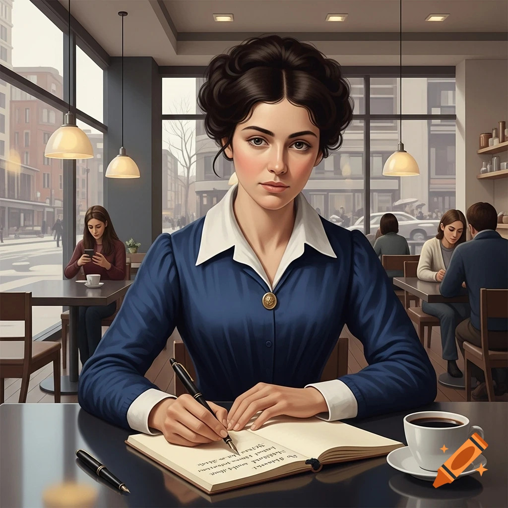 A woman with dark curly hair in a blue dress writes in a notebook at a cafe table, with a cup of coffee nearby.
