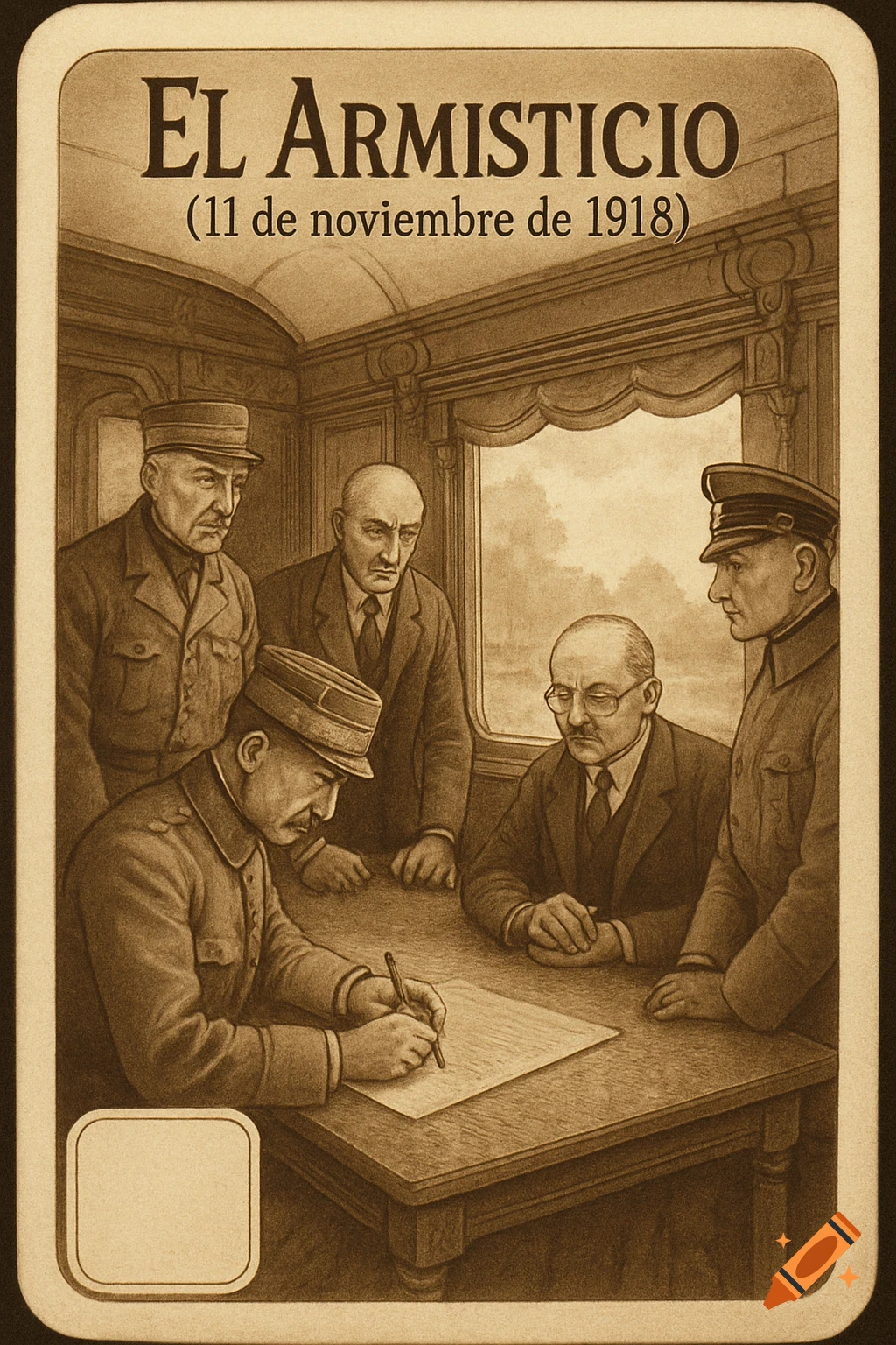 A sepia-toned illustration shows several men in historical attire signing a document inside a train wagon. The text "EL ARMISTICIO (11 de noviembre de 1918)" is at the top.