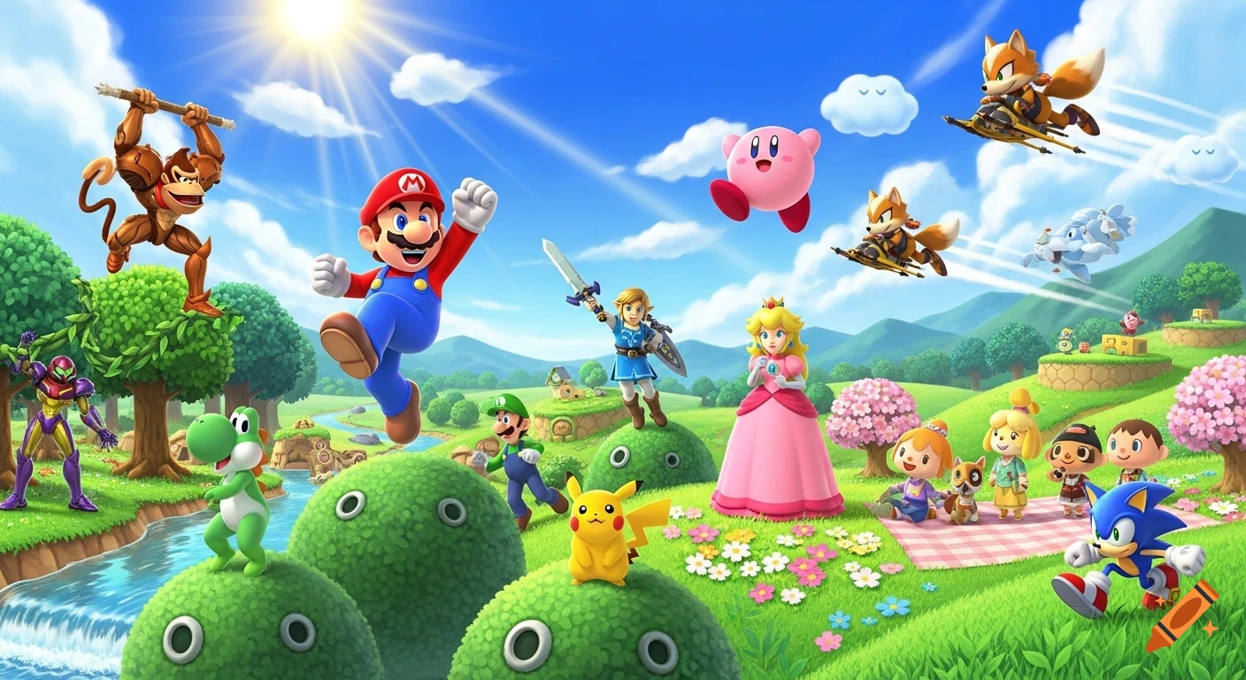Many famous video game characters including Mario, Link, Peach, Donkey Kong, Pikachu, Sonic, and Kirby in a vibrant, sunny green landscape.