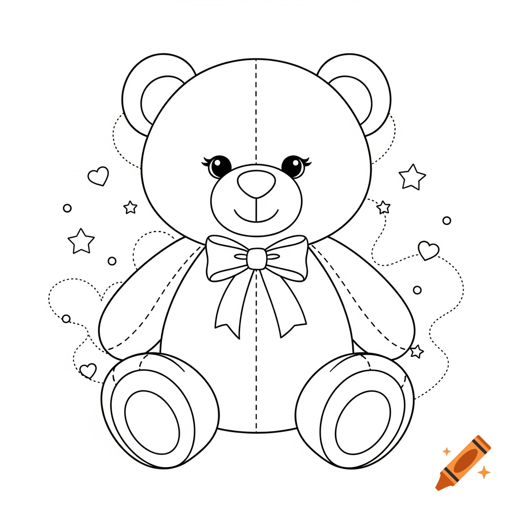 Black and white line drawing illustration of a teddy bear with a bow tie, surrounded by dotted lines, hearts, and stars.