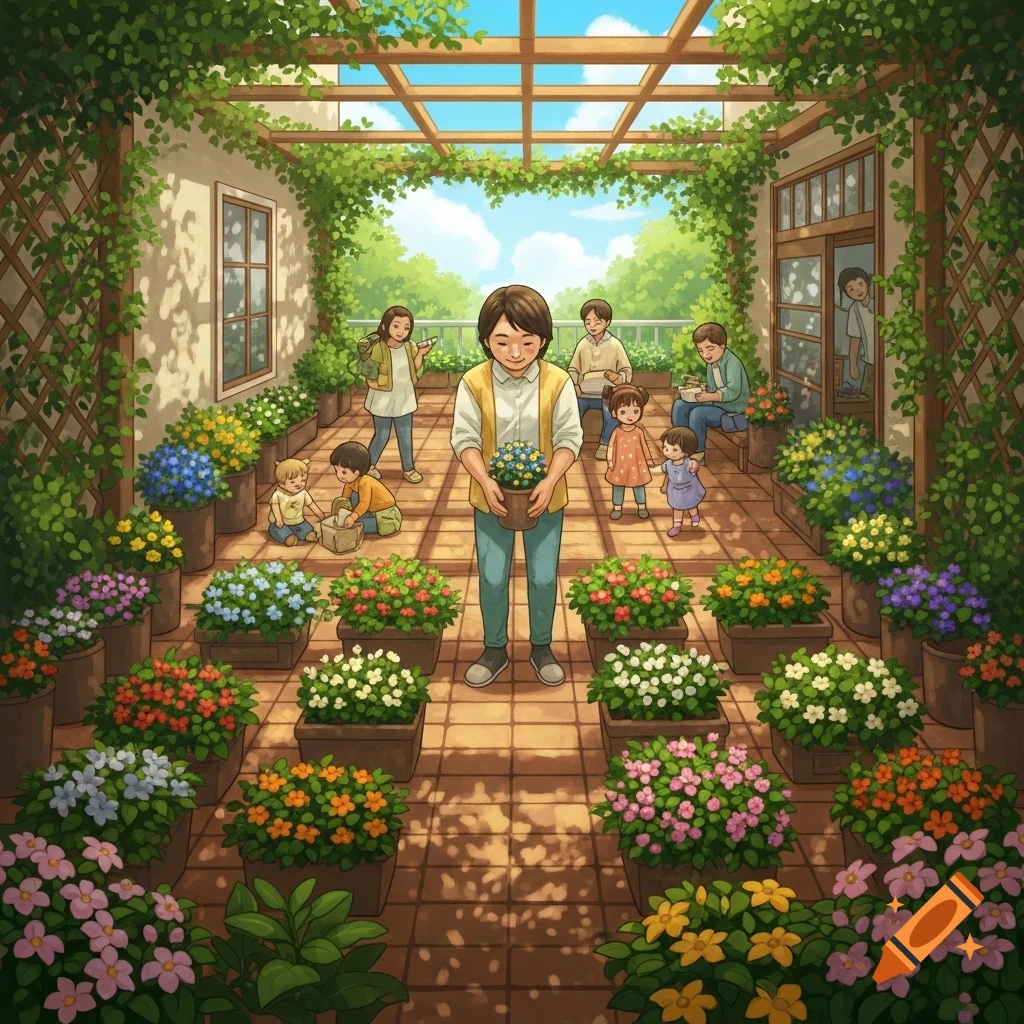 An illustration of a family, including adults and children, happily gardening among numerous potted flowering plants in a sunny patio.