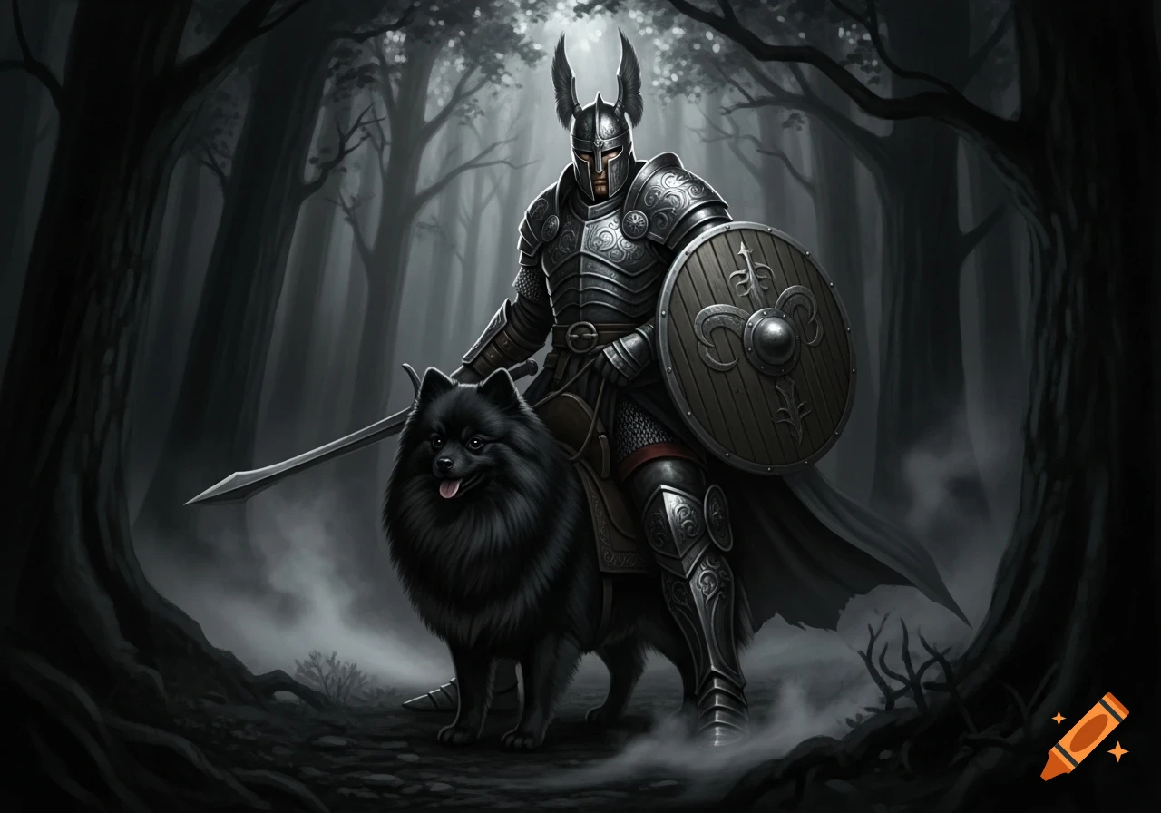 A dark fantasy illustration of a knight in ornate armor with a shield and sword, standing next to a fluffy black dog in a misty forest.