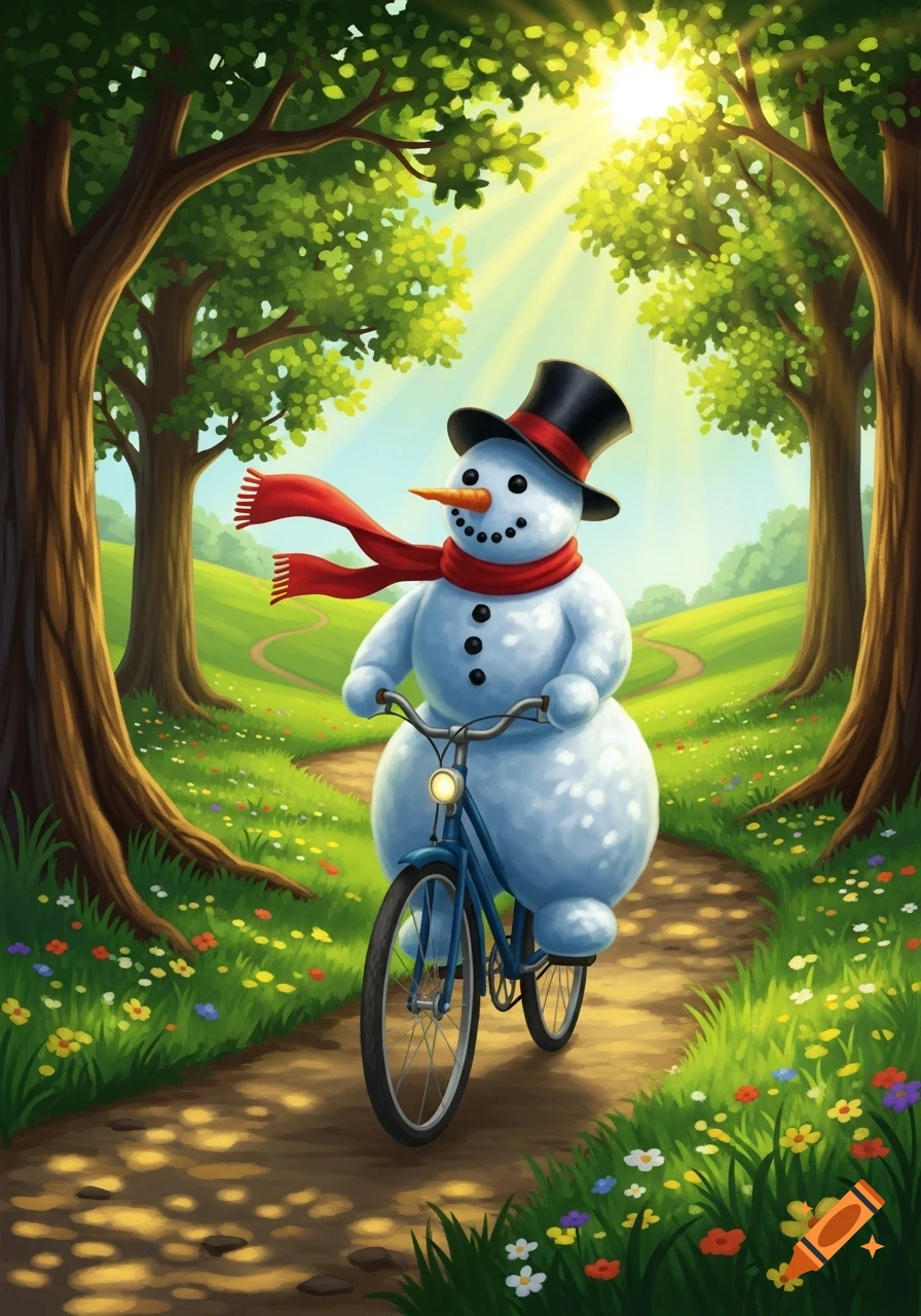 A whimsical cartoon of a snowman in a top hat and red scarf riding a bicycle on a sunny path through a vibrant green forest.