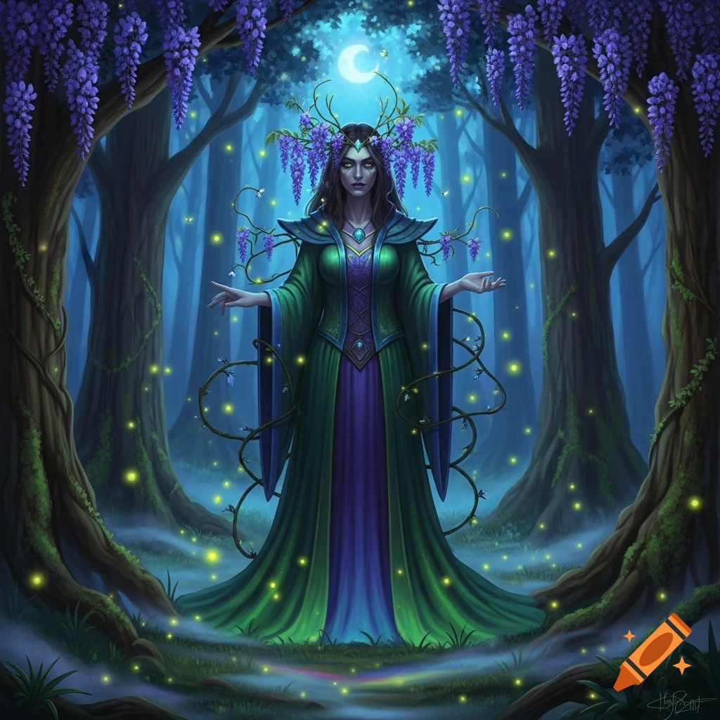 A mysterious woman in a green gown stands in a magical forest at night ...