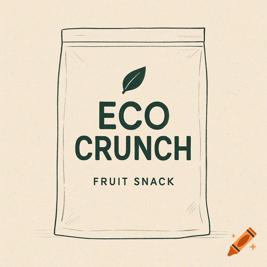 A minimalist sketch of white "ECO CRUNCH FRUIT SNACK" packaging with a dark green leaf icon, on a beige textured background.