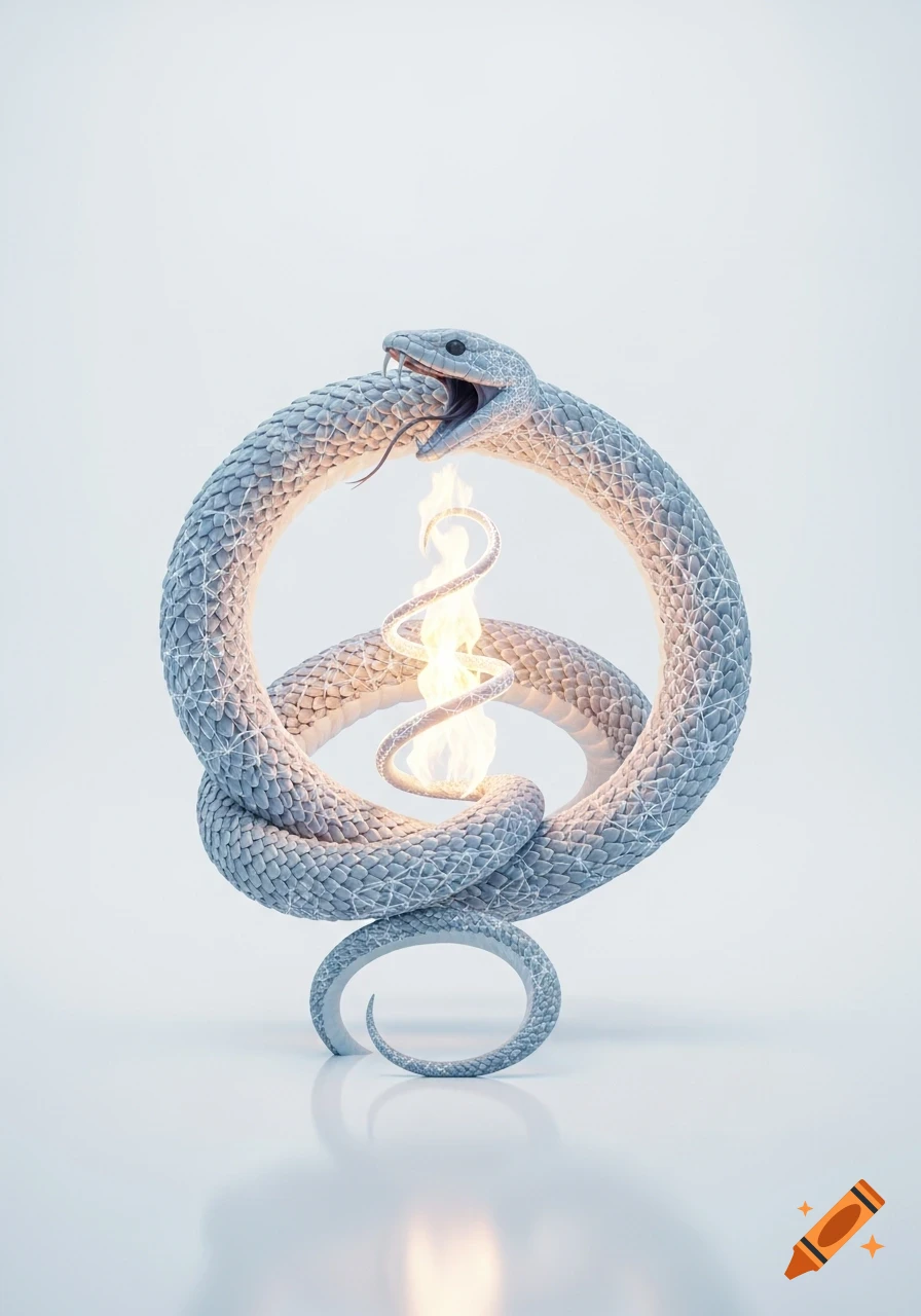 A luminous, light-grey Ouroboros serpent with geometric scales encircles a spiraling golden flame in a white void.