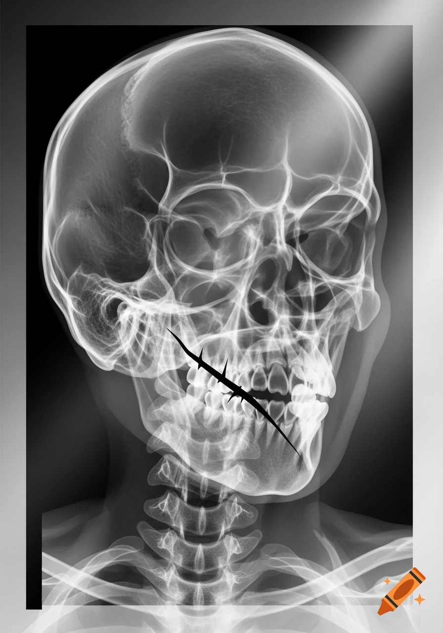 X-ray image of a human skull, neck, and upper torso, with a black barbed line across the lower jaw.