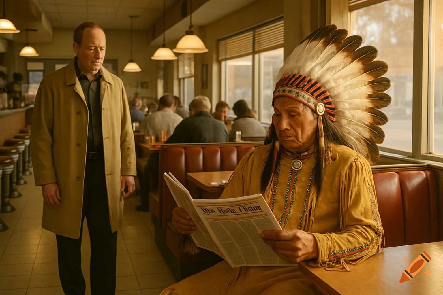 A man in a trench coat stands in a diner, looking at a Native American man in traditional dress and headdress, reading a newspaper at a booth. Photorealistic.