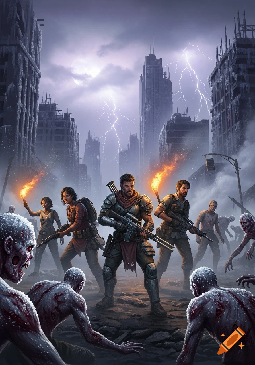 A group of armed survivors with torches confronts a horde of salt-covered zombies amidst destroyed city buildings under a stormy, lightning-filled sky.