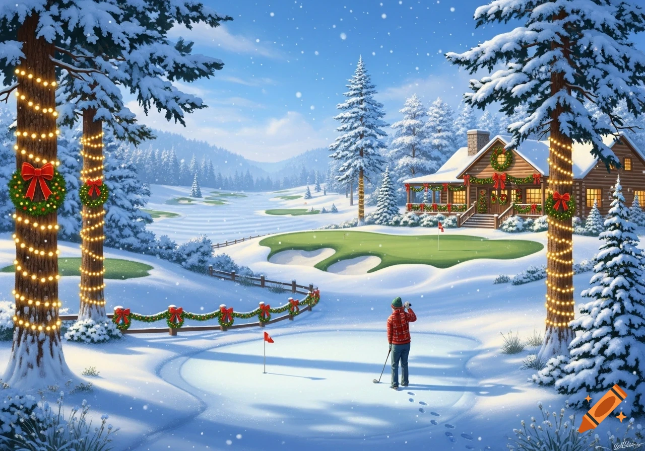 A festive winter golf course scene with a person golfing in the snow, surrounded by Christmas-decorated trees and a log cabin.