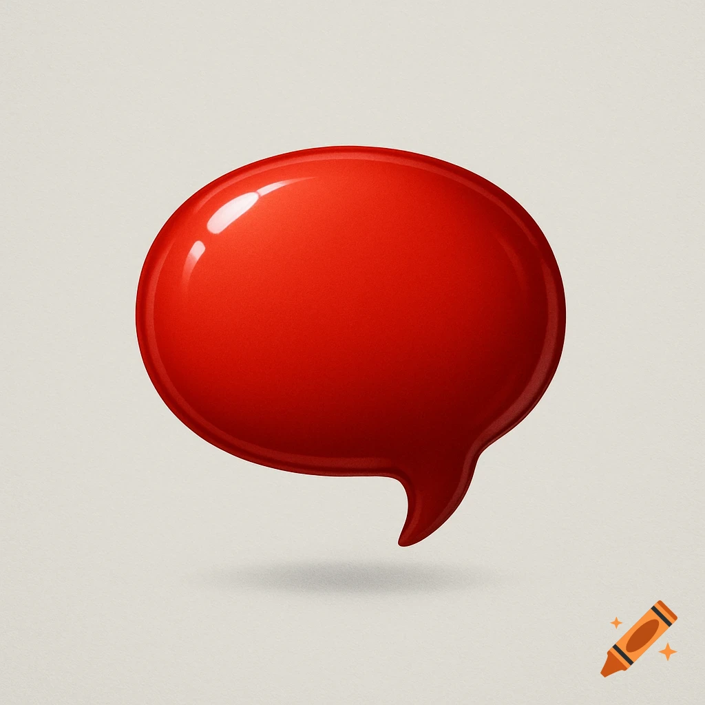 A glossy, vibrant red speech bubble with highlights, casting a subtle shadow on a light grey background.