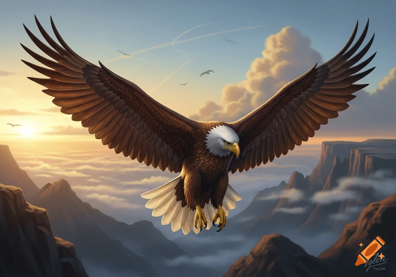 A majestic bald eagle with outstretched wings soars above misty ...