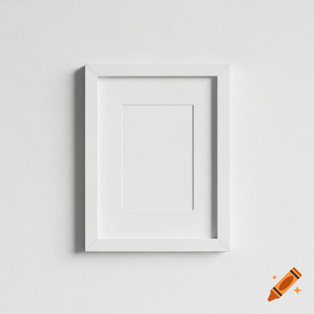 Minimalist product photograph of a blank white picture frame with a mat, hanging on a white textured wall.