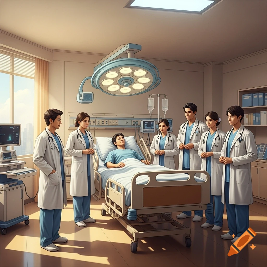 A patient lies in a hospital bed, surrounded by six doctors and nurses in a well-lit medical room.