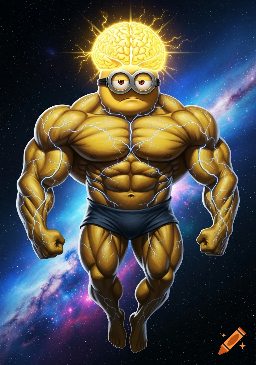A buff, yellow Minion with a glowing brain on its head and prominent veins, floating in outer space.
