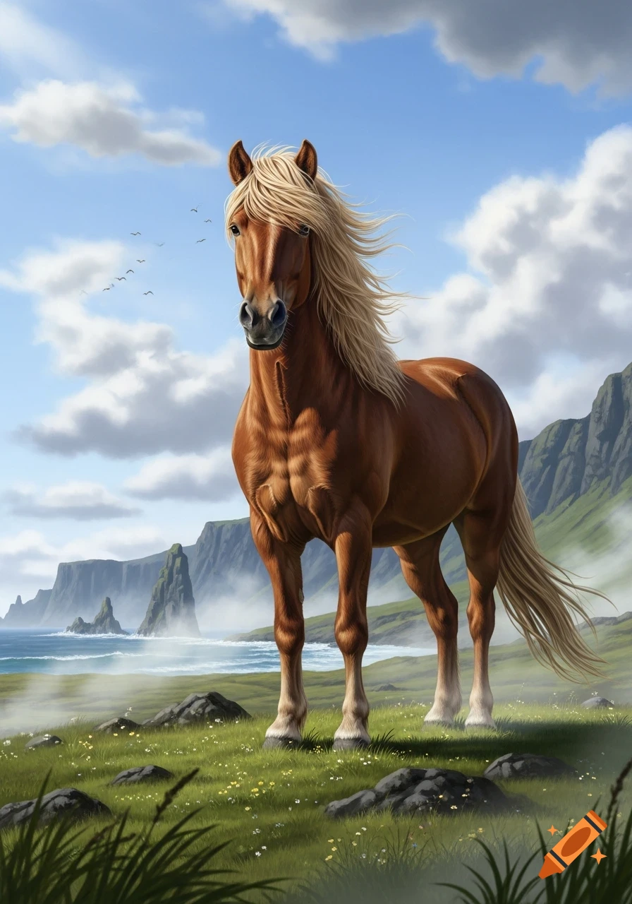 A majestic brown horse with a flowing blonde mane and tail stands on a ...
