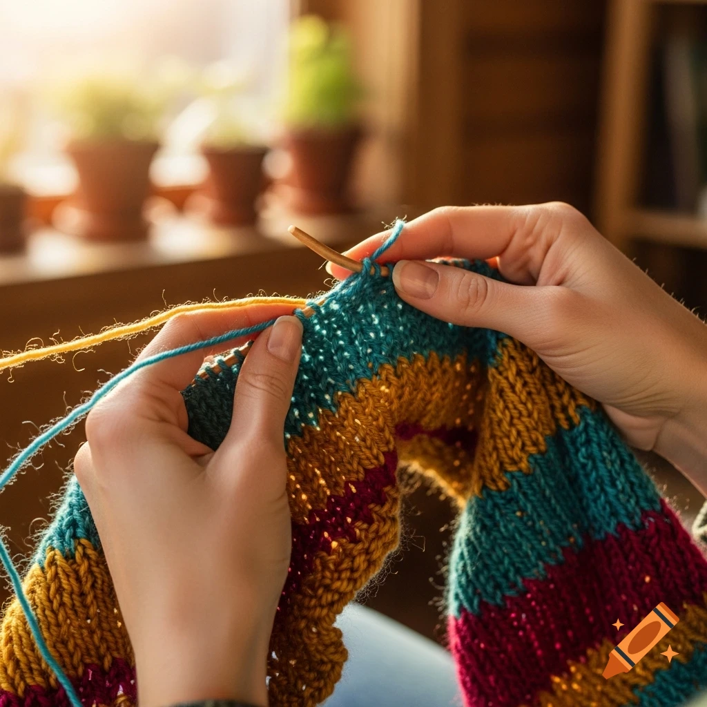 Close-up of hands knitting a colorful striped garment with teal, gold, and red yarn, in a cozy, sunlit indoor setting.