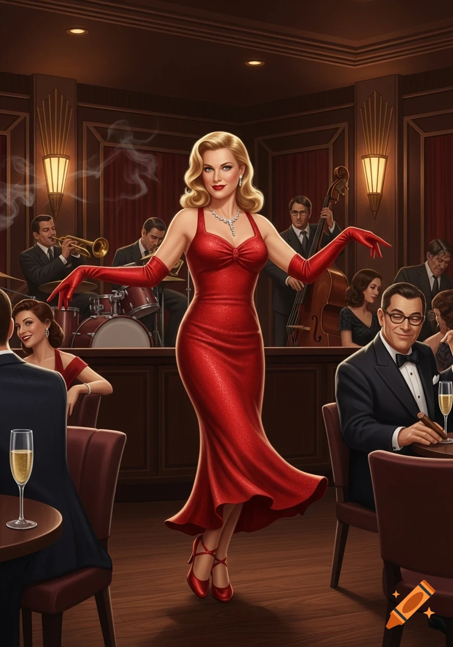 A glamorous woman in a sparkling red dress and long gloves dances in an elegant Art Deco club with a jazz band and audience.