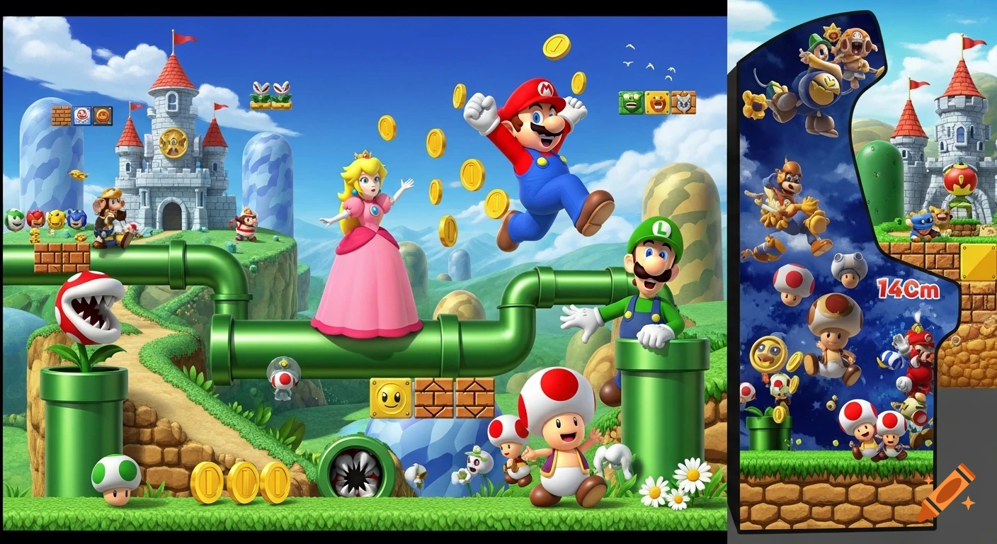 Colorful Super Mario Bros. art for an arcade cabinet side panel, featuring Mario, Luigi, Peach, Toad, and other characters among pipes and coins.