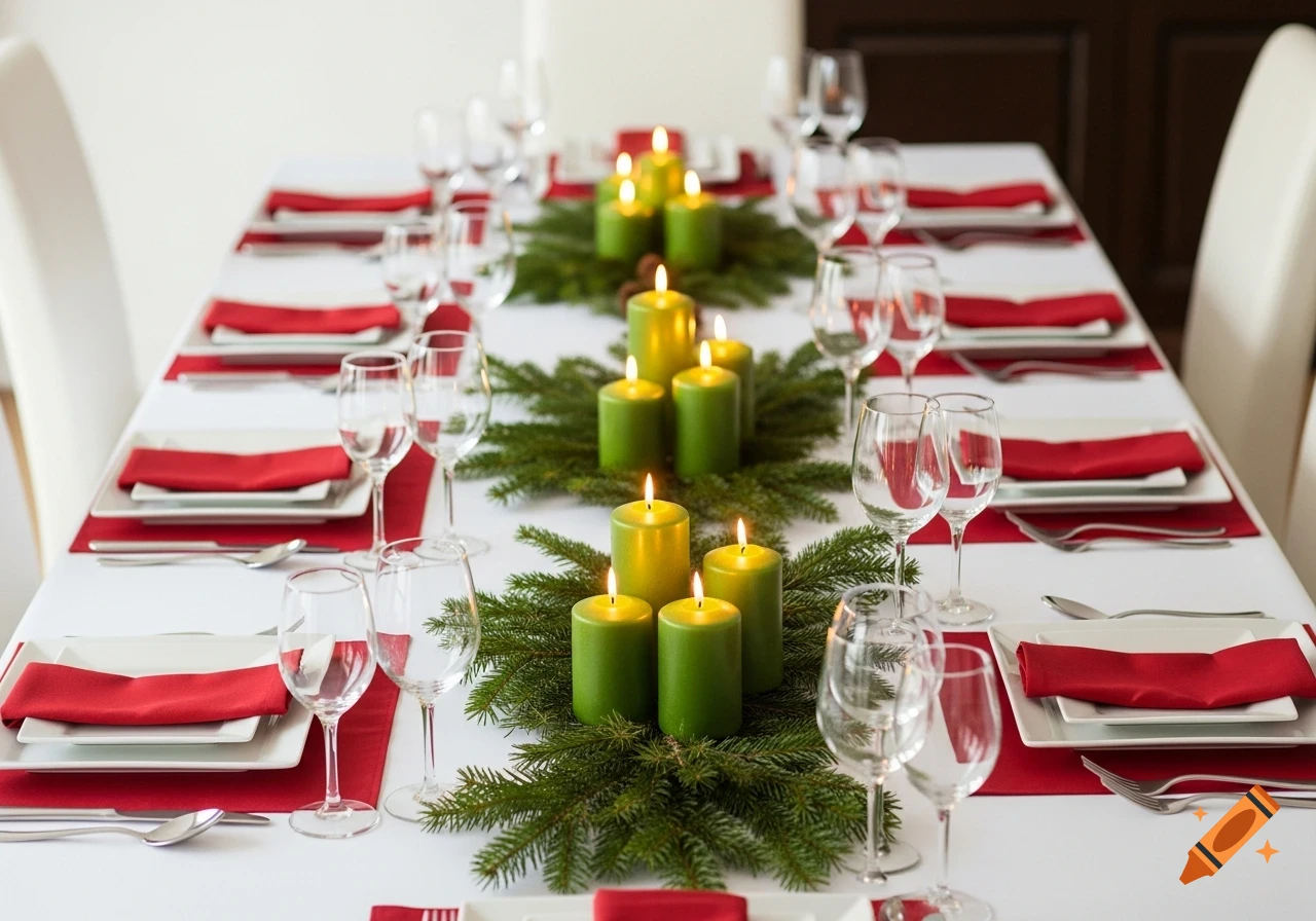 A festive dining table set with white plates, red placemats, wine glasses, and green pillar candles amidst pine branches.