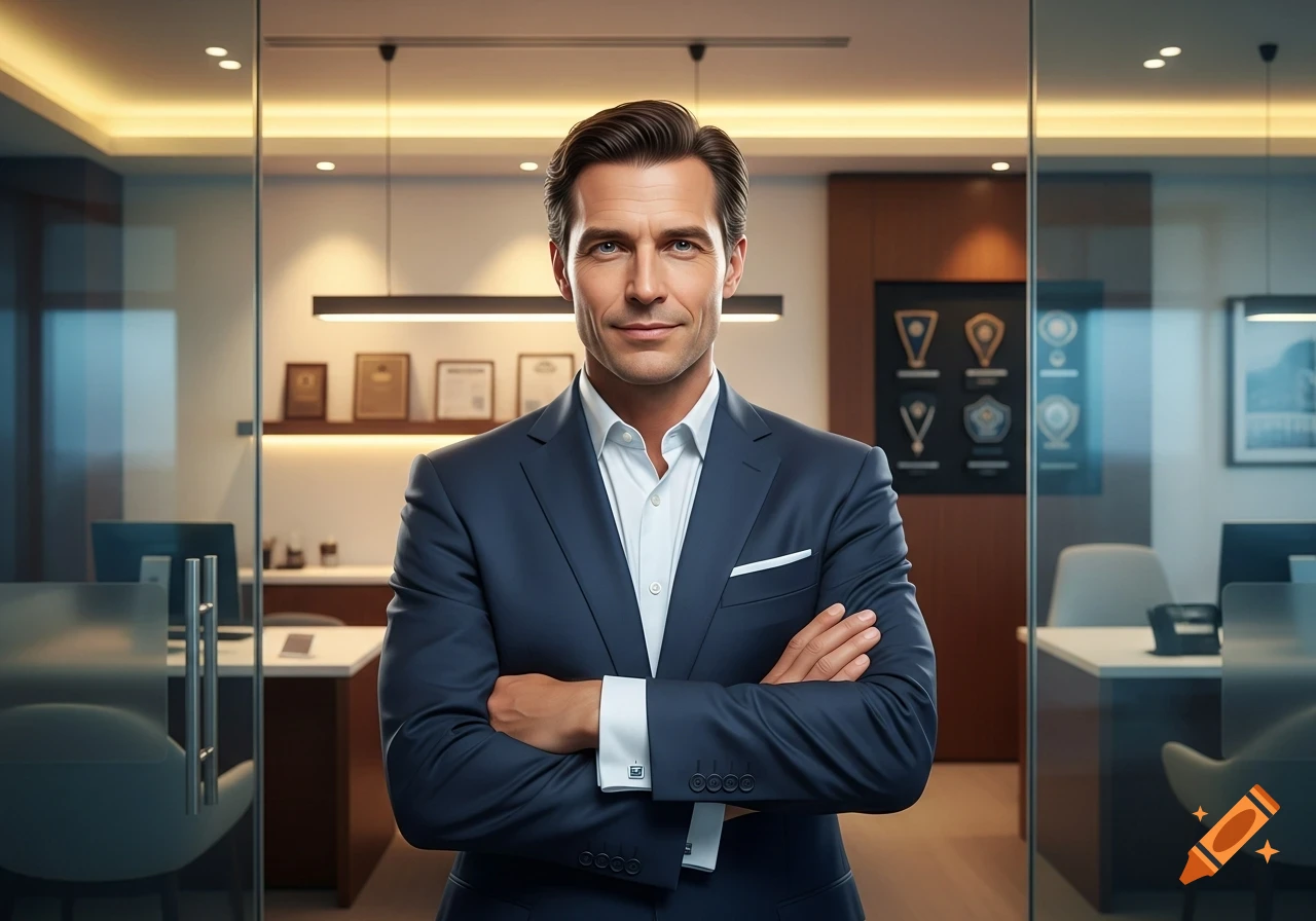 Photorealistic portrait of a confident businessman in a navy suit, standing with crossed arms in a modern office.