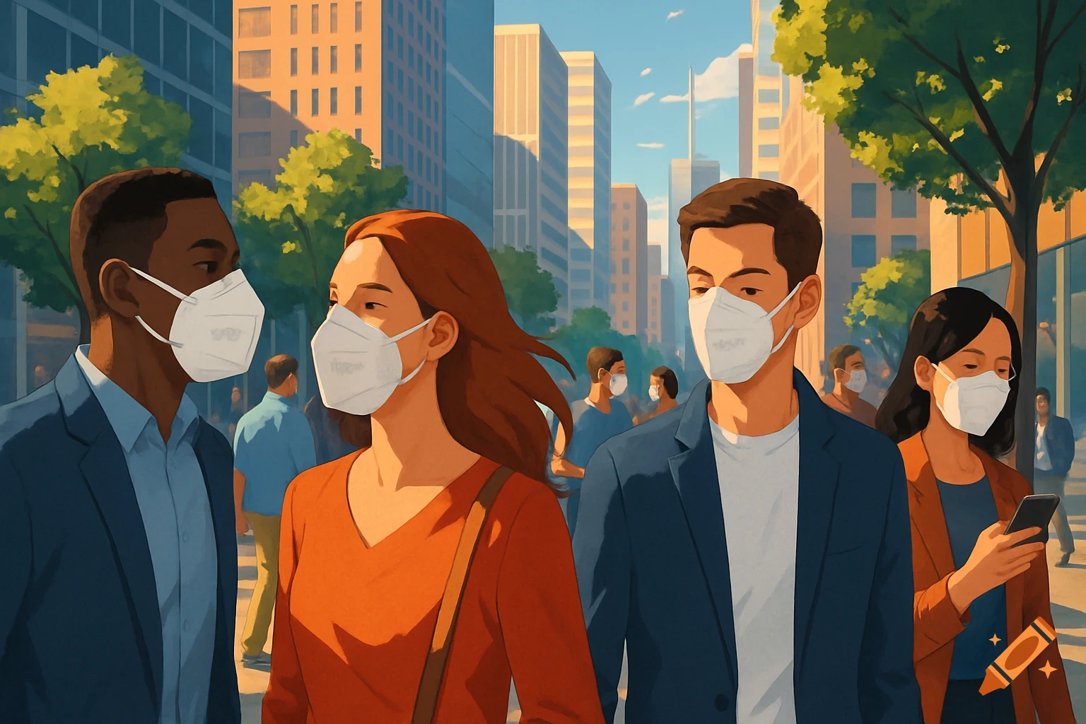 Stylized illustration of people wearing FFP2 masks walking on a sunny city street with tall buildings.