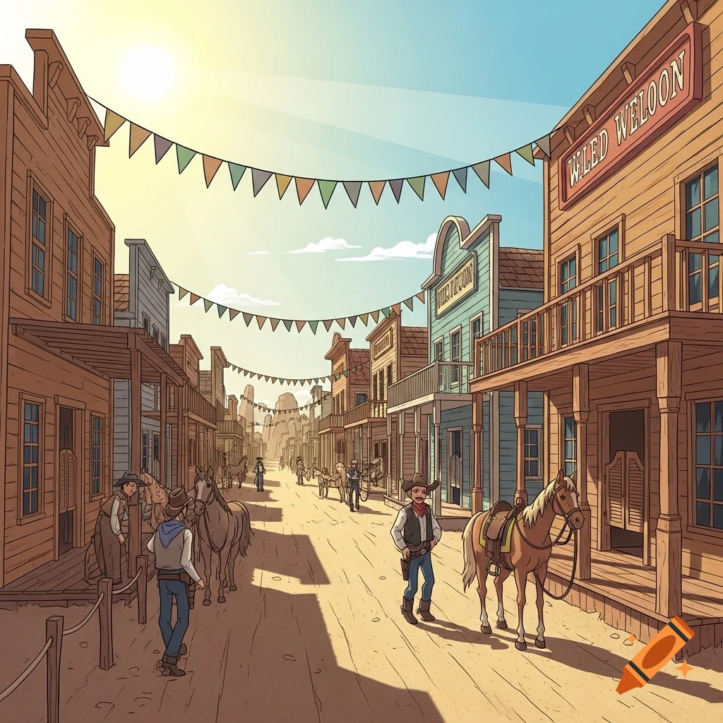 A vibrant cartoon Wild West town with wooden buildings, a dusty street, and cowboys with horses under a sunny sky.