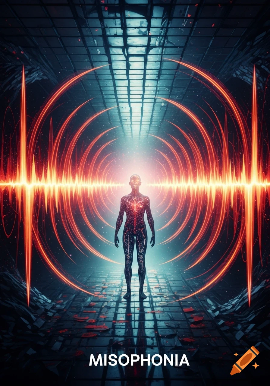A glowing, stylized human figure stands in a dark, futuristic tunnel with red circular sound waves emanating from it, and the word 'MISOPHONIA' below.