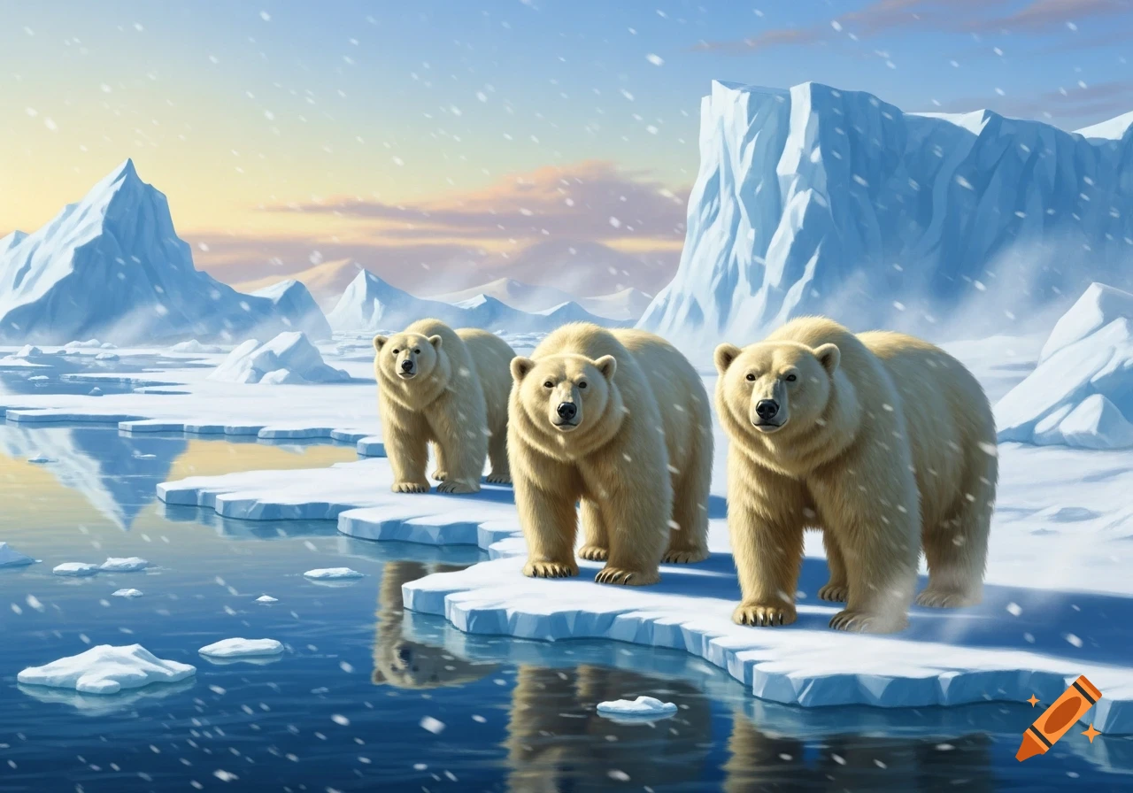 Three polar bears stand on ice floes in a snowy arctic landscape with large icebergs under a pastel sky.