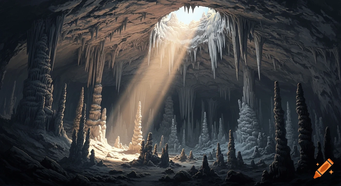 Photorealistic wide limestone cave with stalactites and stalagmites, illuminated by a sunbeam from an opening.