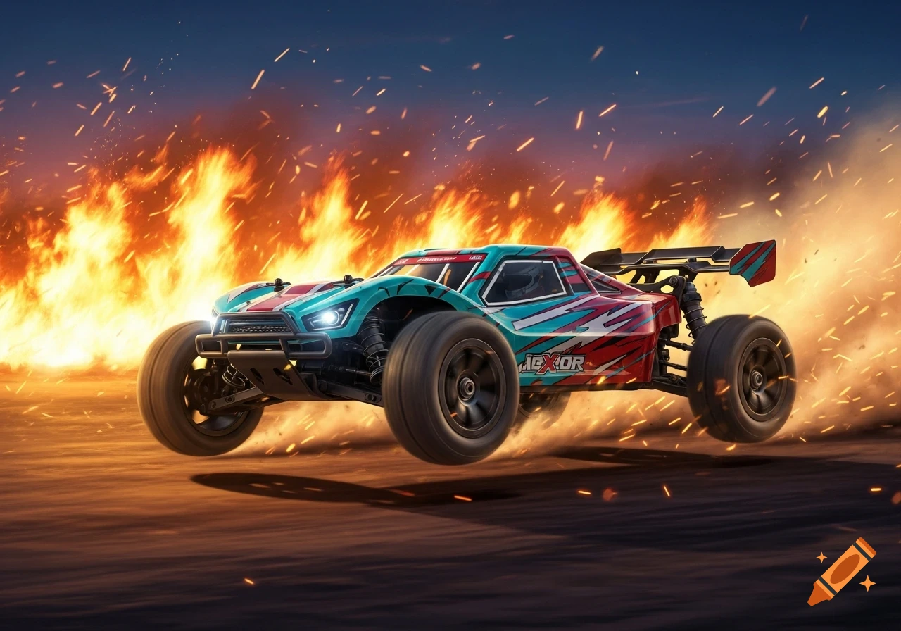 A blue, red, and white RC buggy jumps over a dirt track with large flames and sparks exploding behind it in a photorealistic style.