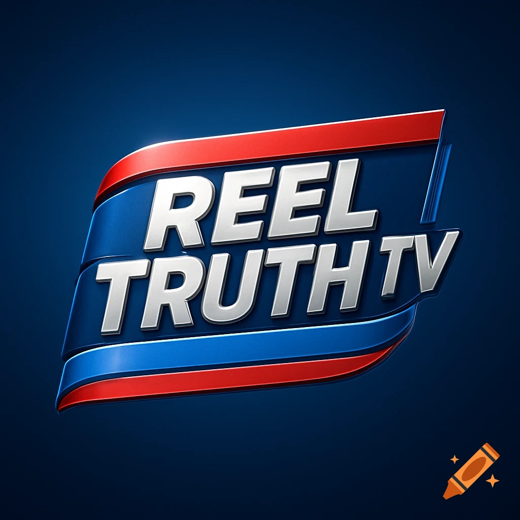 A red, white, and blue 3D news logo with "REEL TRUTH TV" on a dark blue background.