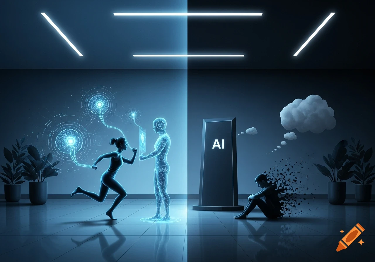 Split scene: Left, a person trains with a glowing AI hologram. Right, a person disintegrates before an 'AI' monolith.