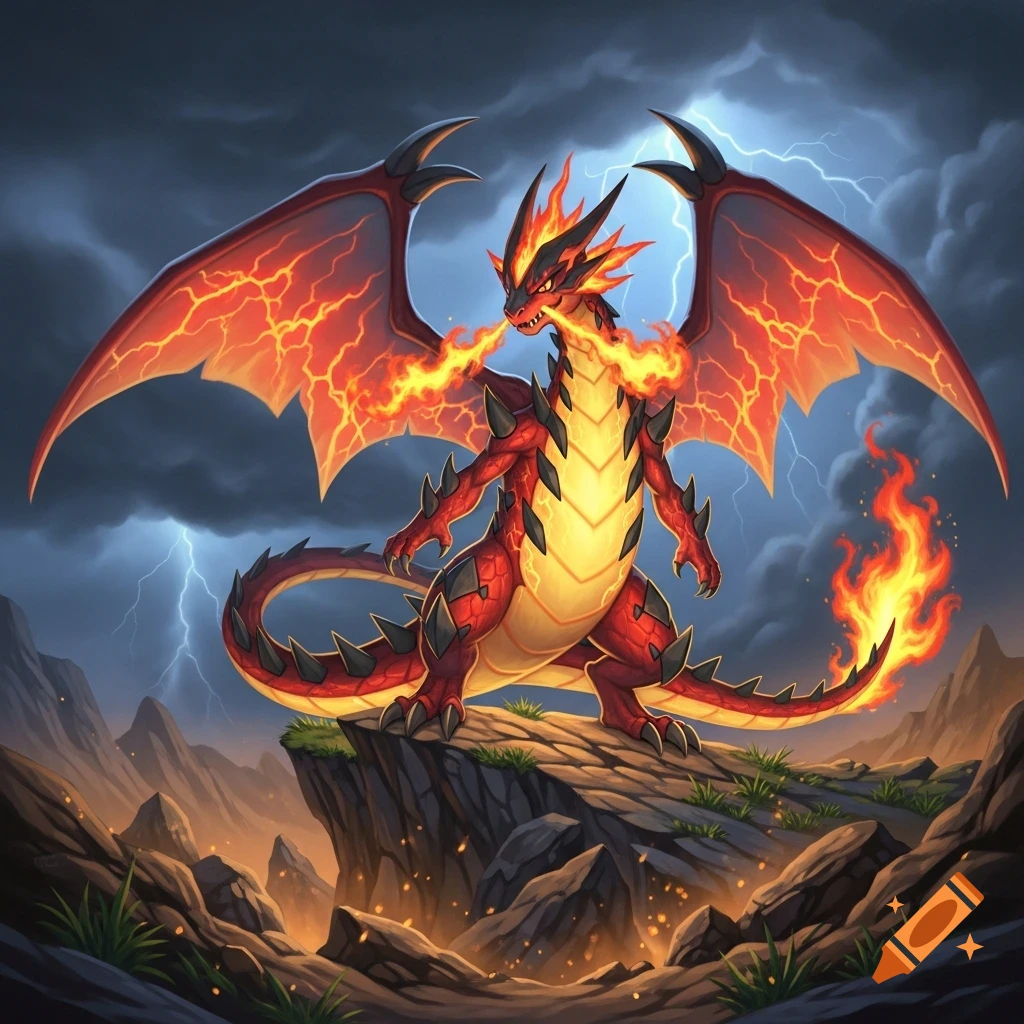 A fierce, fiery red and yellow dragon with large wings breathes fire ...