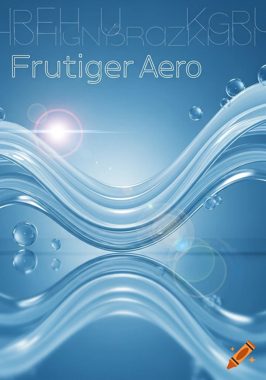 A Frutiger Aero style background with glossy blue waves, transparent bubbles, a bright lens flare, and the text "Frutiger Aero" and some gibberish text.