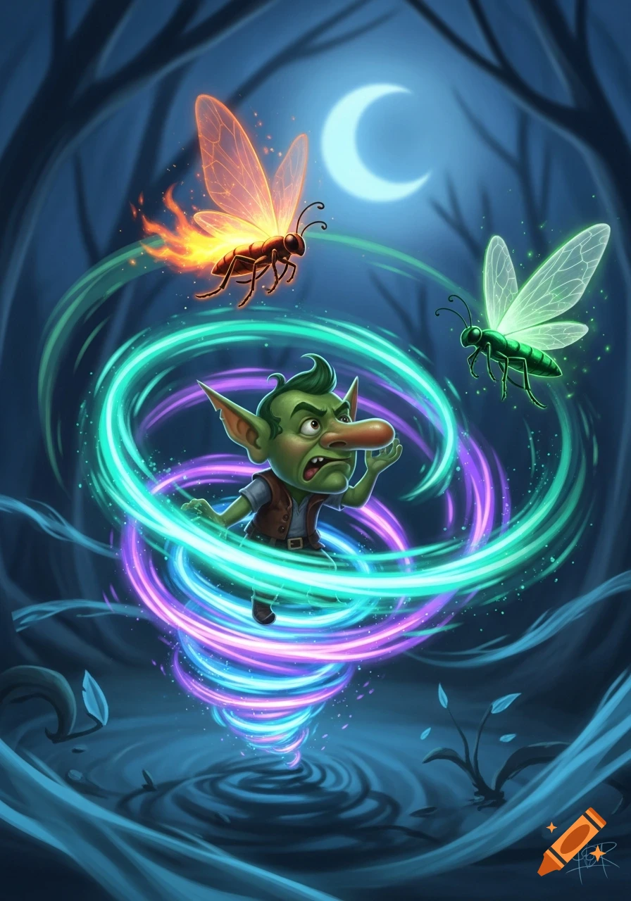 A green goblin caught in a swirling magical vortex with two glowing insect-like creatures in a dark forest at night. Fantasy illustration.