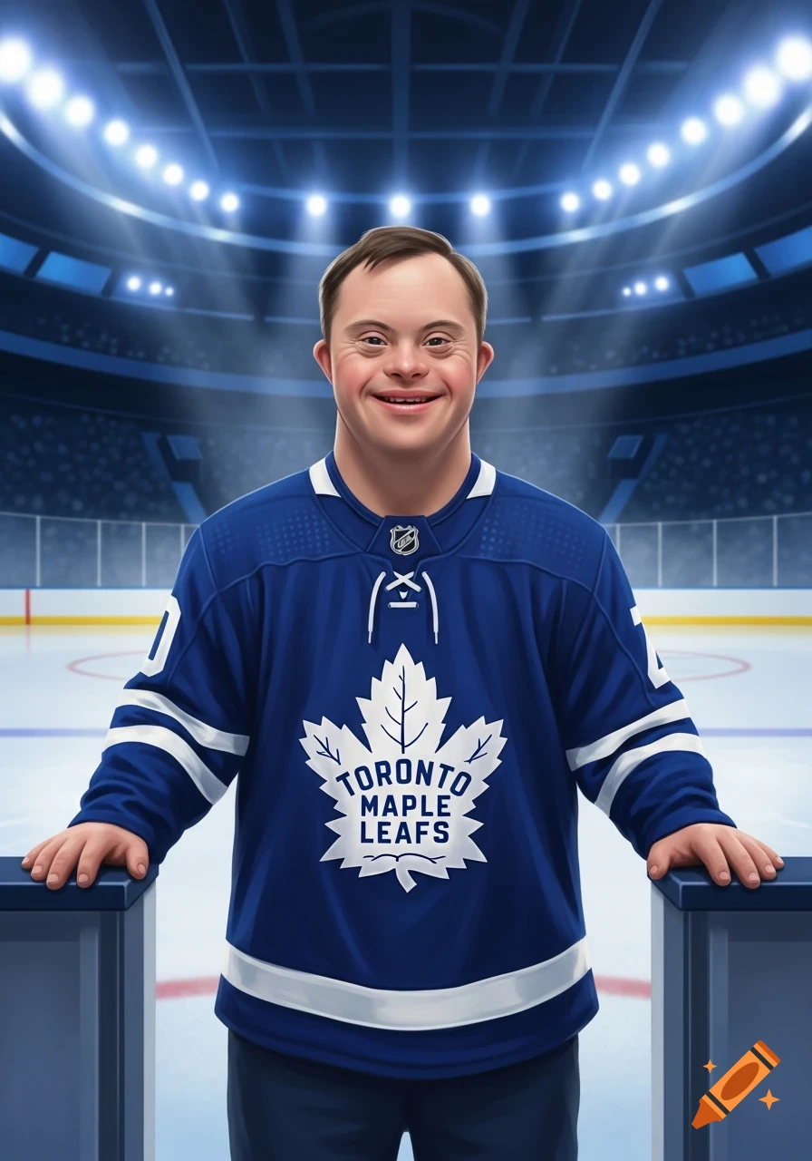A smiling man with Down syndrome wearing a blue Toronto Maple Leafs jersey stands in a brightly lit hockey arena.