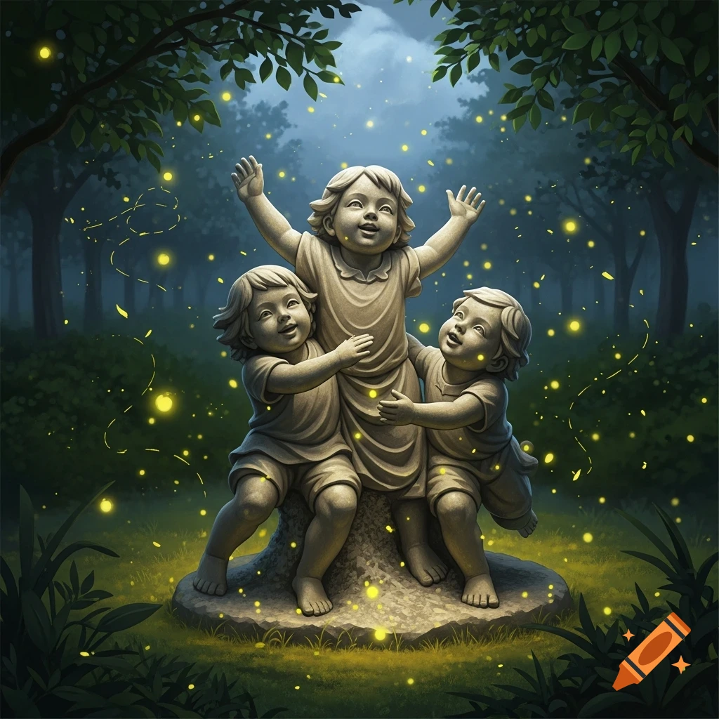 A stone statue of three happy children in a dark forest, surrounded by glowing yellow fireflies.