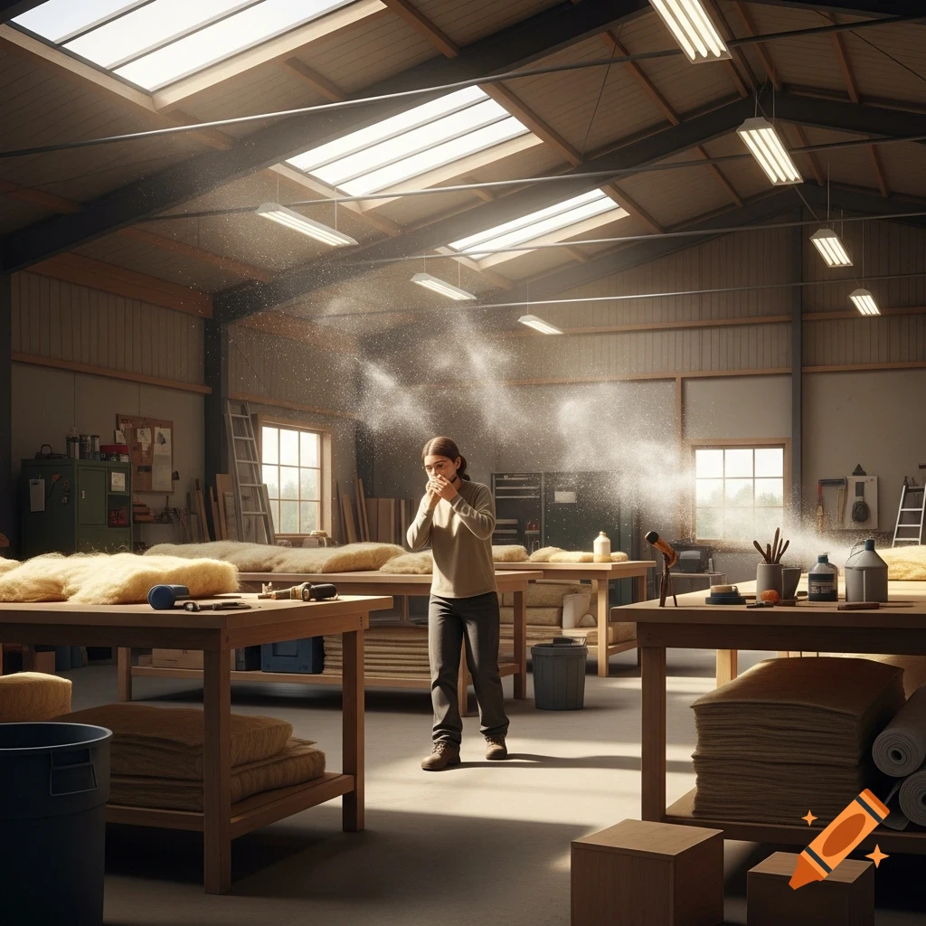 A person in a sunlit workshop coughing and covering their mouth as dust-like particles float in the air. Insulation and tools are visible.
