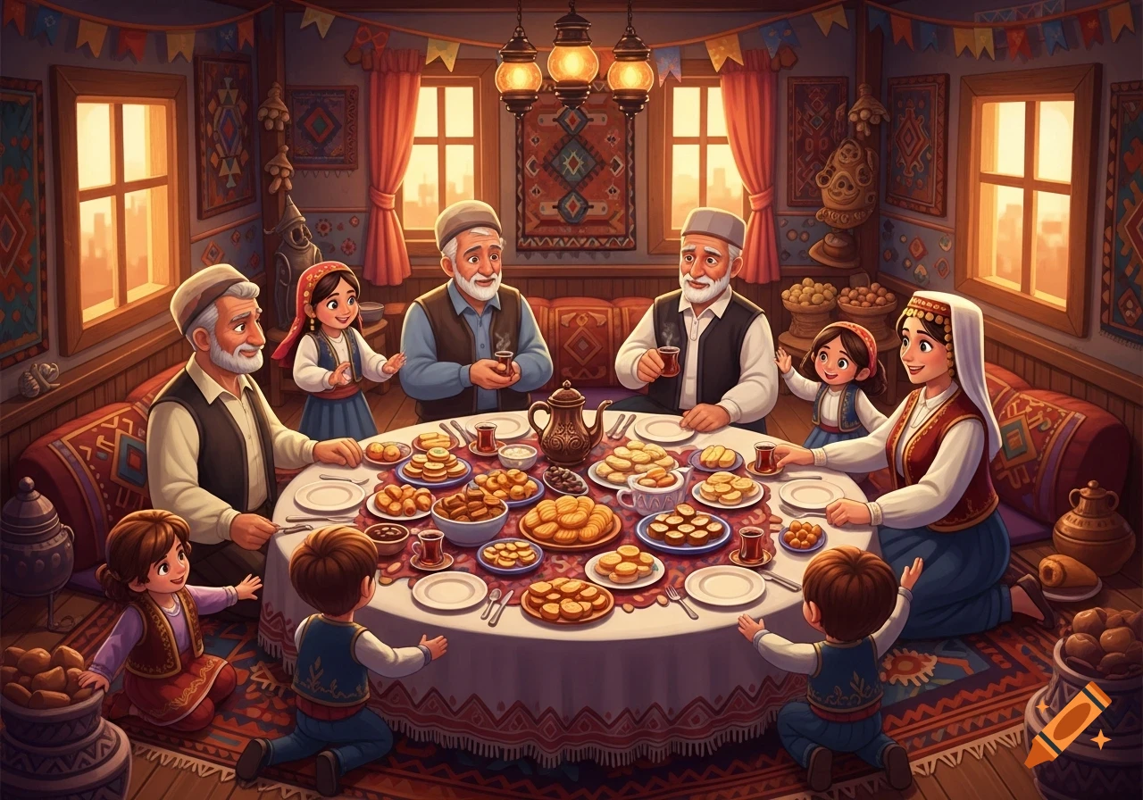 Cartoon illustration of a multi-generational family in traditional clothing gathered around a table laden with food.