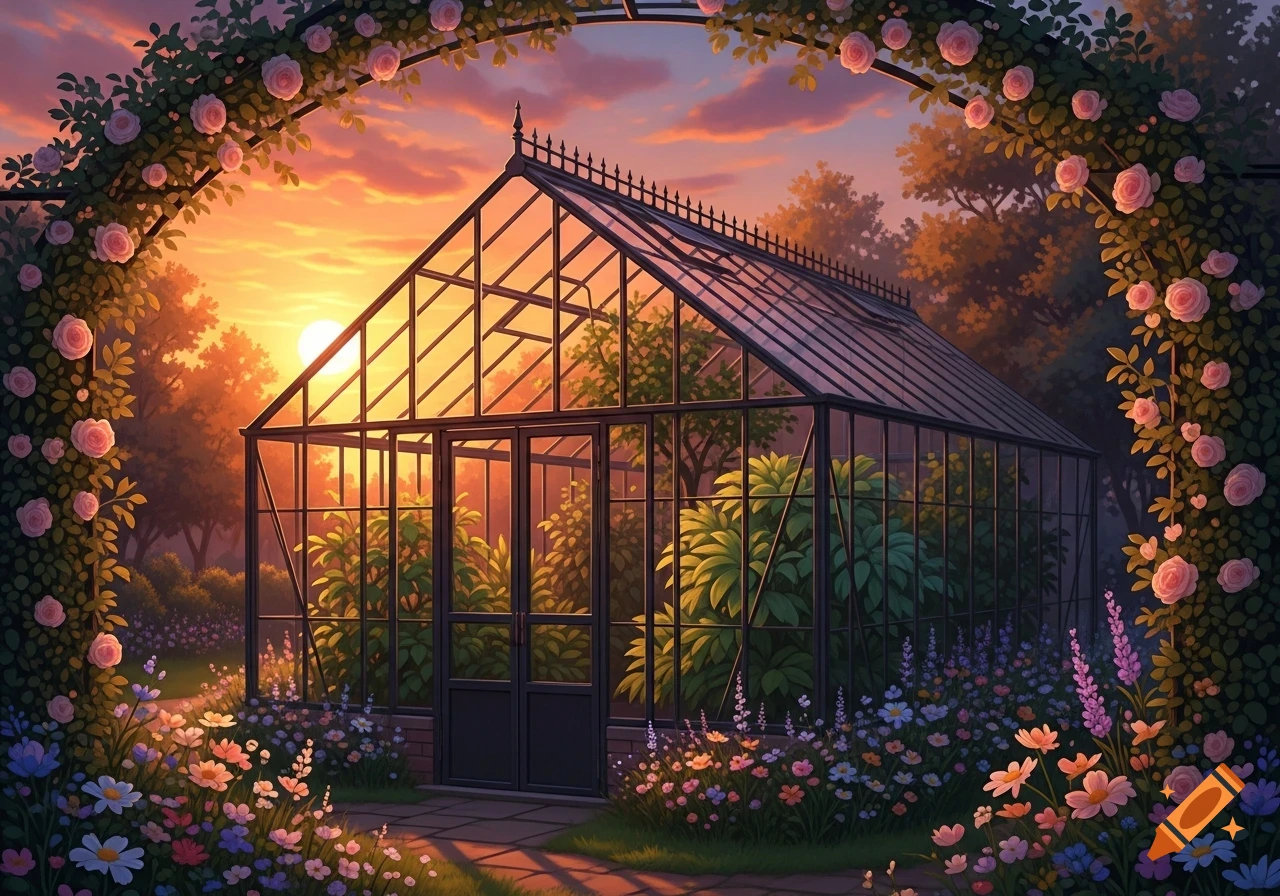 A greenhouse in a lush garden, surrounded by various flowers and a rose arch, bathed in the warm glow of a sunset.