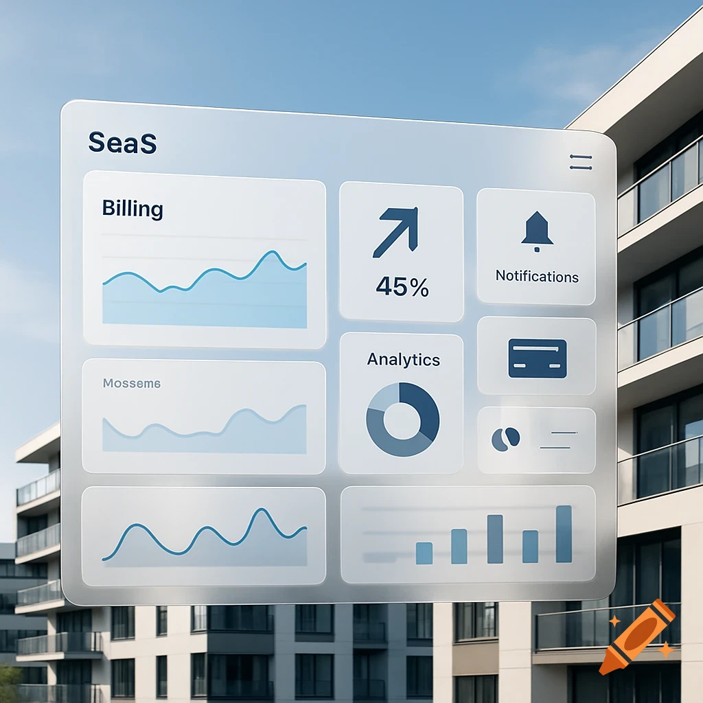 A photorealistic image of a transparent digital dashboard with billing charts, analytics, and notifications floating over modern buildings.