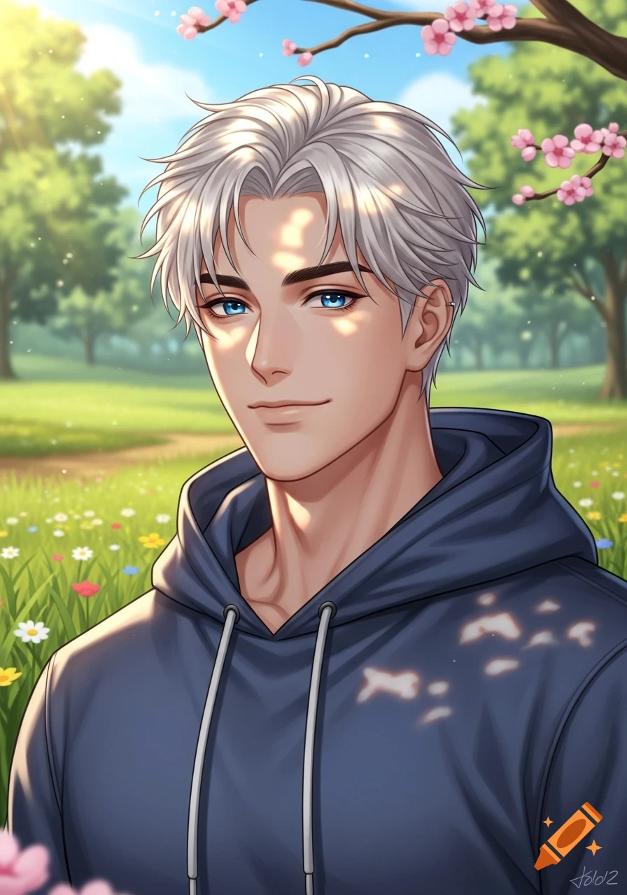 A white-haired, blue-eyed anime man in a blue hoodie smiles in a sunny park with flowers and cherry blossoms.