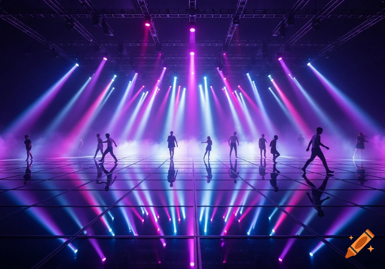 Silhouettes of people on a reflective stage floor illuminated by vibrant purple and blue spotlights through hazy air.