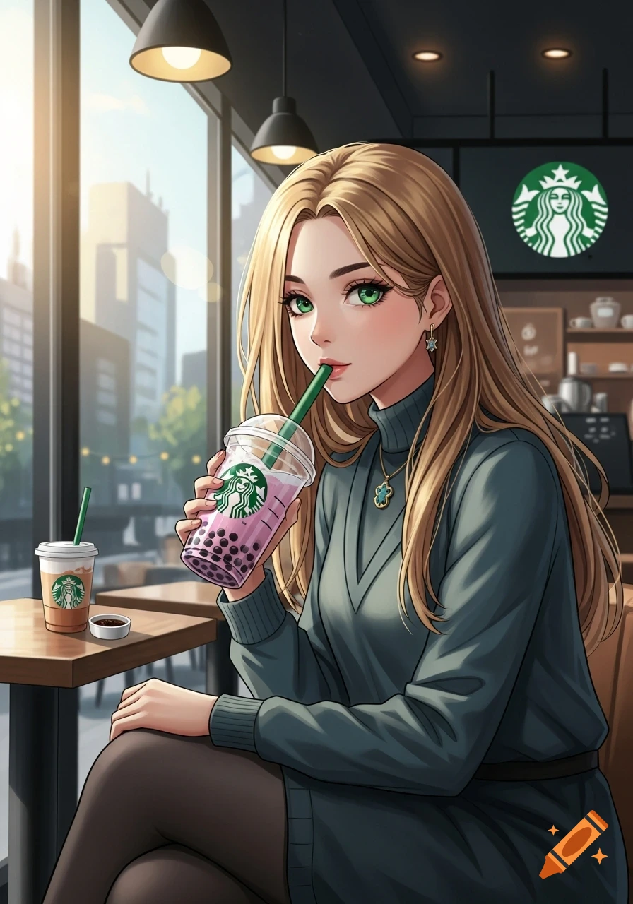Anime girl with green eyes and long blonde hair sips bubble tea in a Starbucks cafe.