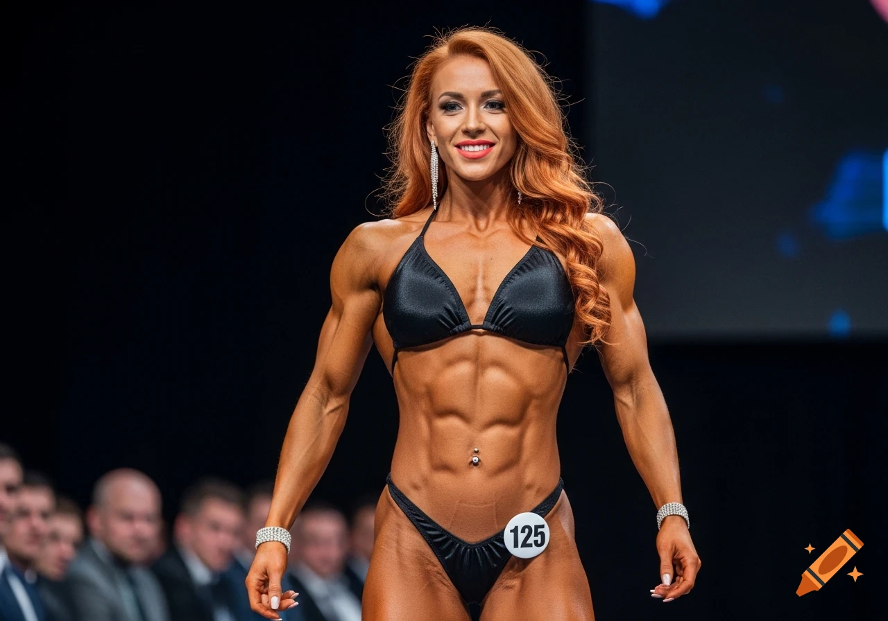 A muscular female bodybuilder with ginger hair and a black bikini poses on a spotlighted stage with competitor number 125.