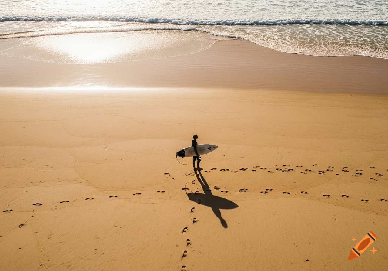 A top-down drone photograph shows a lone surfer holding a surfboard on a sandy beach, leaving footprints as waves roll in.