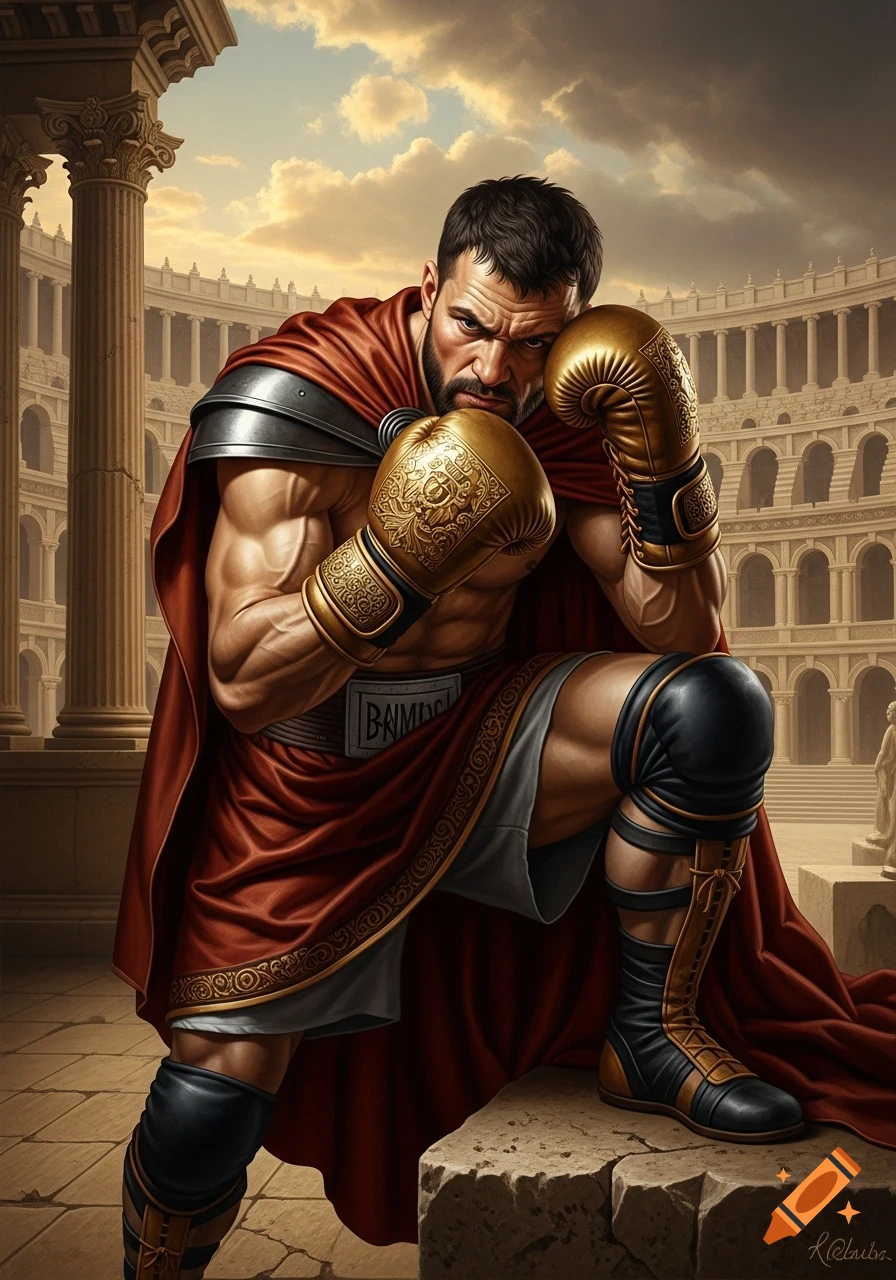 A muscular man in gladiator-style armor and red cape, wearing golden boxing gloves, kneels in a fighting stance in a Roman arena under a dramatic sky.
