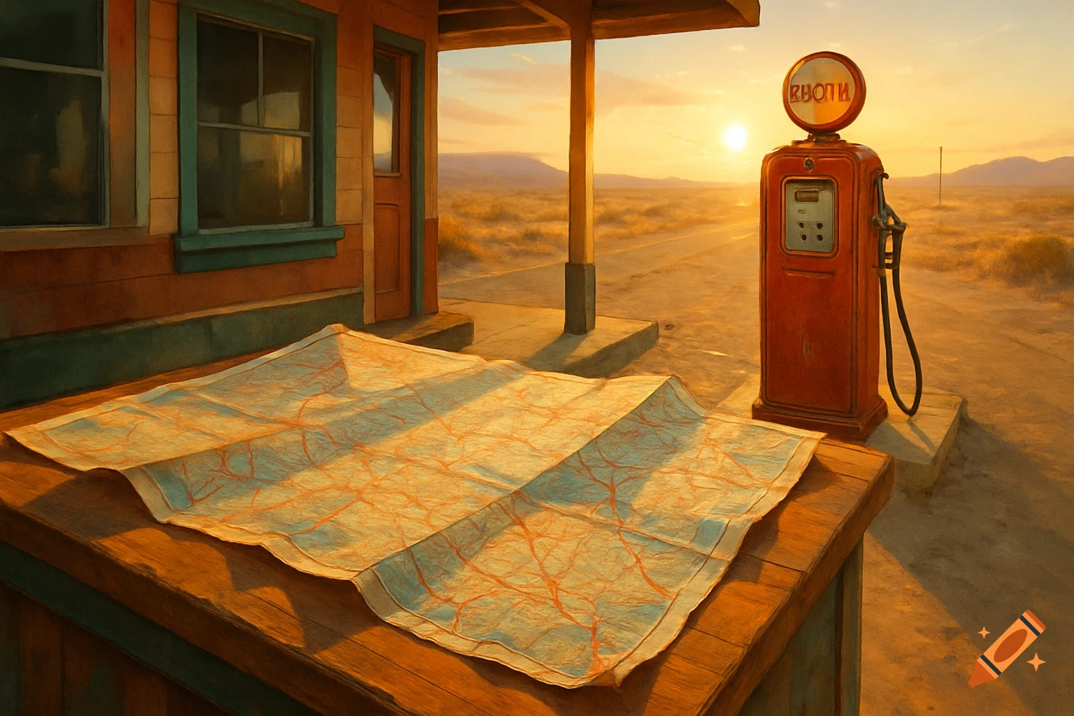 An old red gas pump and a road map on a table at a desert gas station during sunset, in a painterly style.