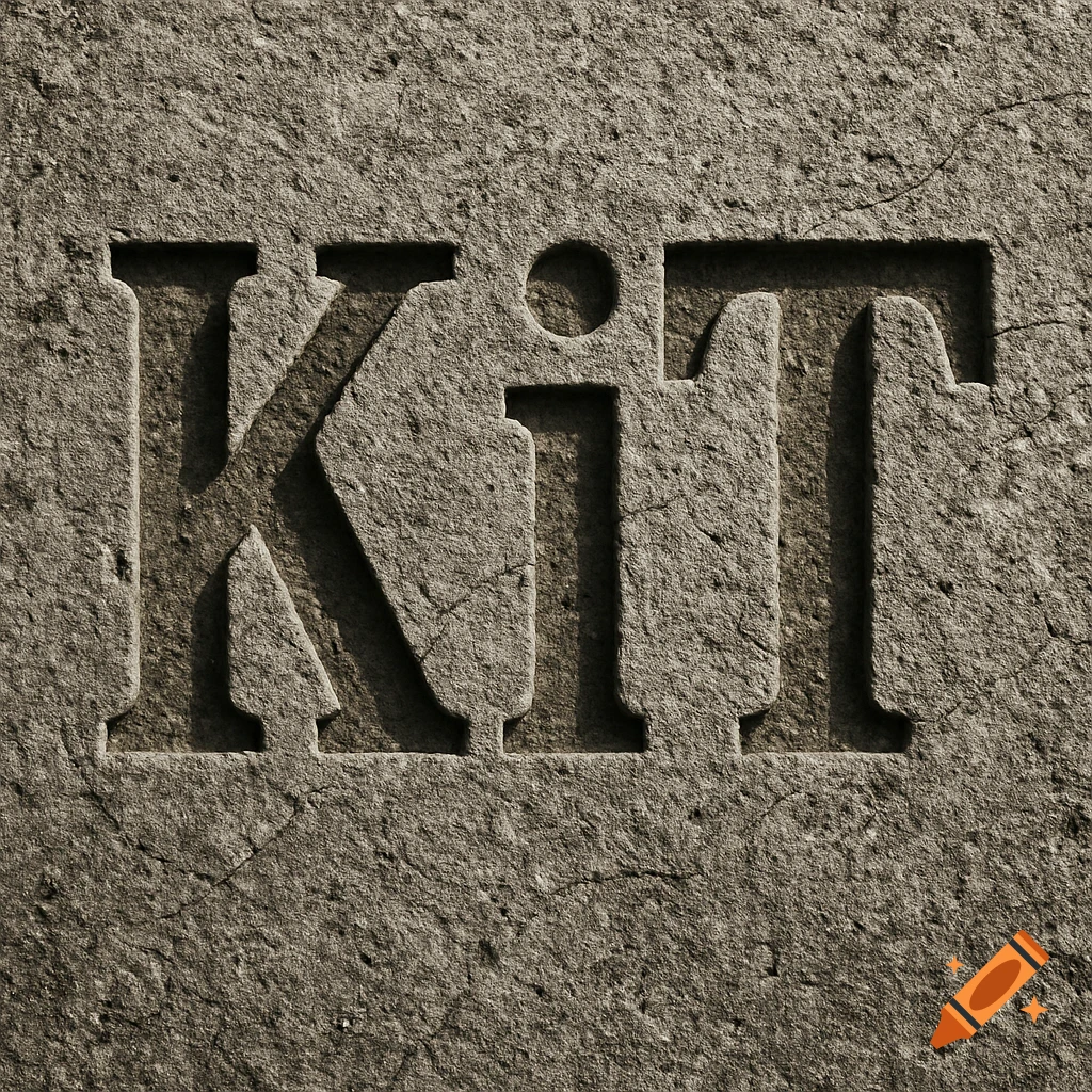The word KiT carved into a rough, cracked concrete texture, rendered as a realistic photo.